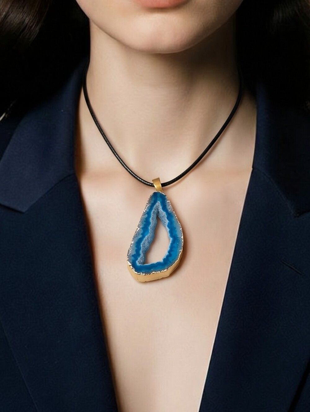 BlueโDruzy Agate Teardrop Necklace Geode Slice Gold Edge Pendant Cord Raw Beauty